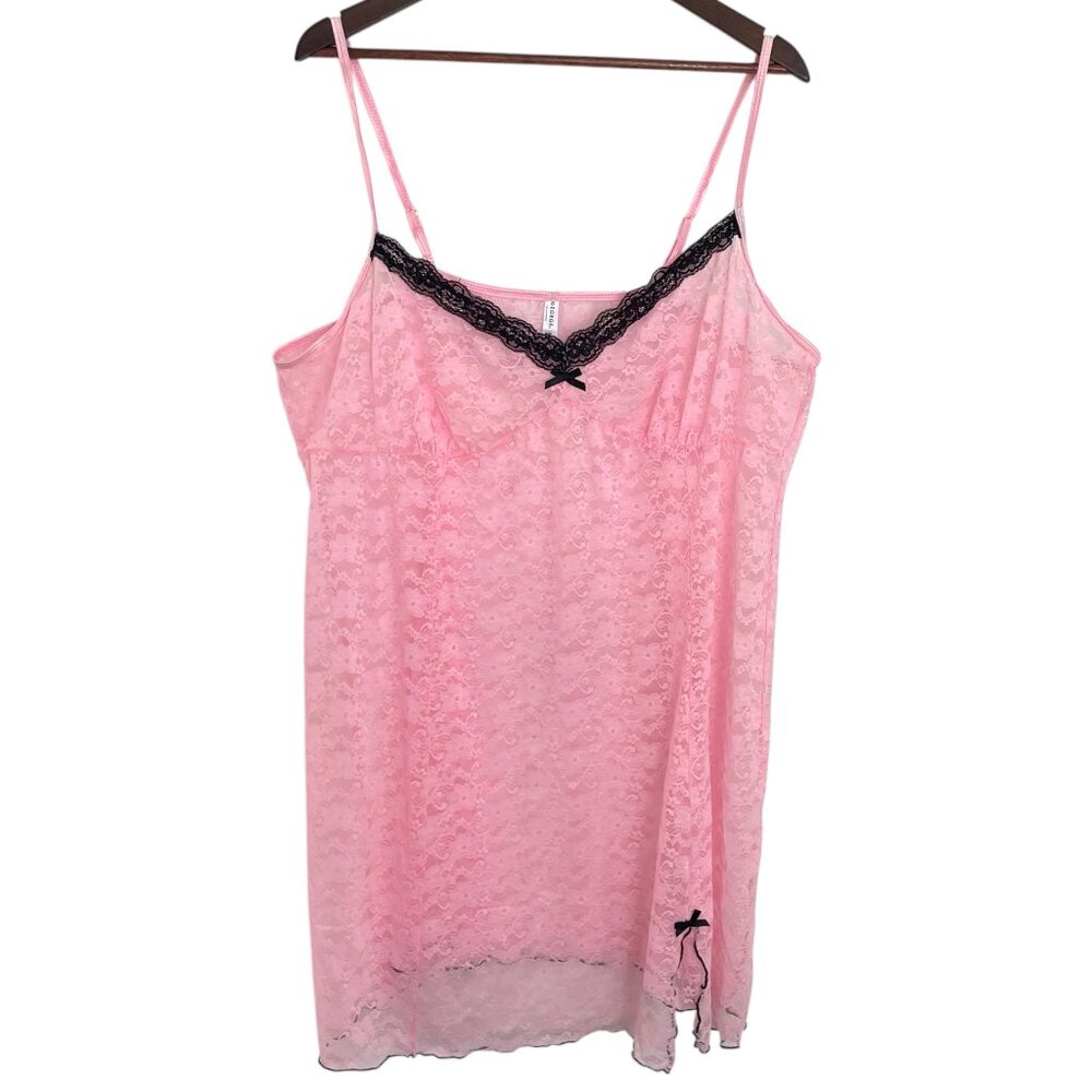 Vintage Y2K Sheer Lace Slip Mini Dress 3X 22/24 Pink W/ Black Trim Bows Coquette